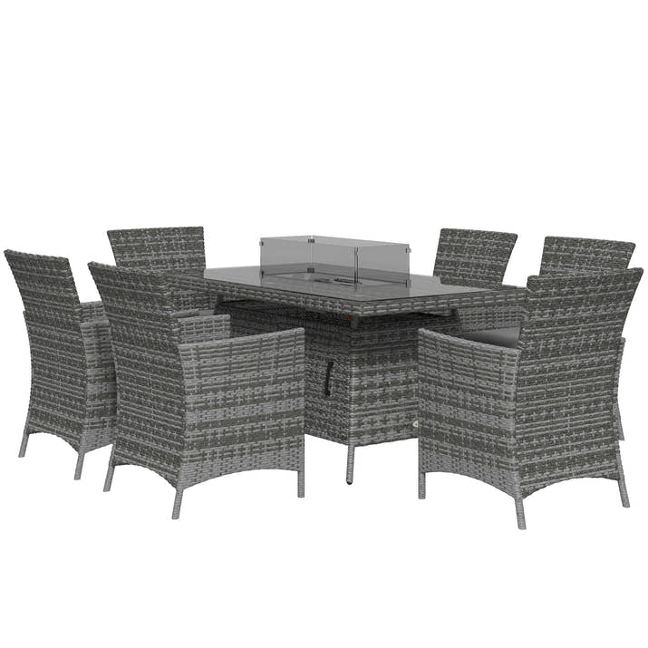 7 Pieces Outdoor Rattan Garden Furniture With Fire Pit Table,6 Seater Garden Table And Chairs With Cushions,Rattan Dining Set With Propane Heater Table,Windscreen,50,000 BTU,Grey