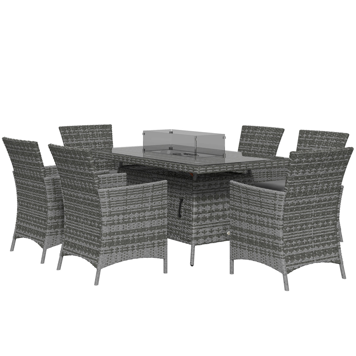 7 Pieces Outdoor Rattan Garden Furniture With Fire Pit Table,6 Seater Garden Table And Chairs With Cushions,Rattan Dining Set With Propane Heater Table,Windscreen,50,000 BTU,Grey