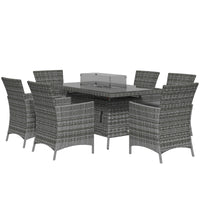 7 Pieces Outdoor Rattan Garden Furniture With Fire Pit Table,6 Seater Garden Table And Chairs With Cushions,Rattan Dining Set With Propane Heater Table,Windscreen,50,000 BTU,Grey