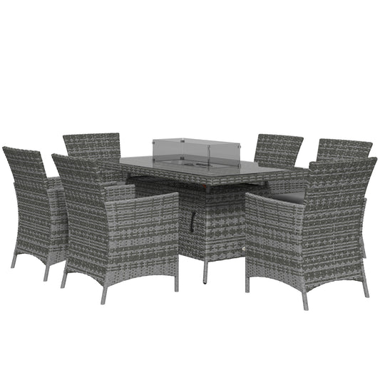 7 Pieces Outdoor Rattan Garden Furniture With Fire Pit Table,6 Seater Garden Table And Chairs With Cushions,Rattan Dining Set With Propane Heater Table,Windscreen,50,000 BTU,Grey