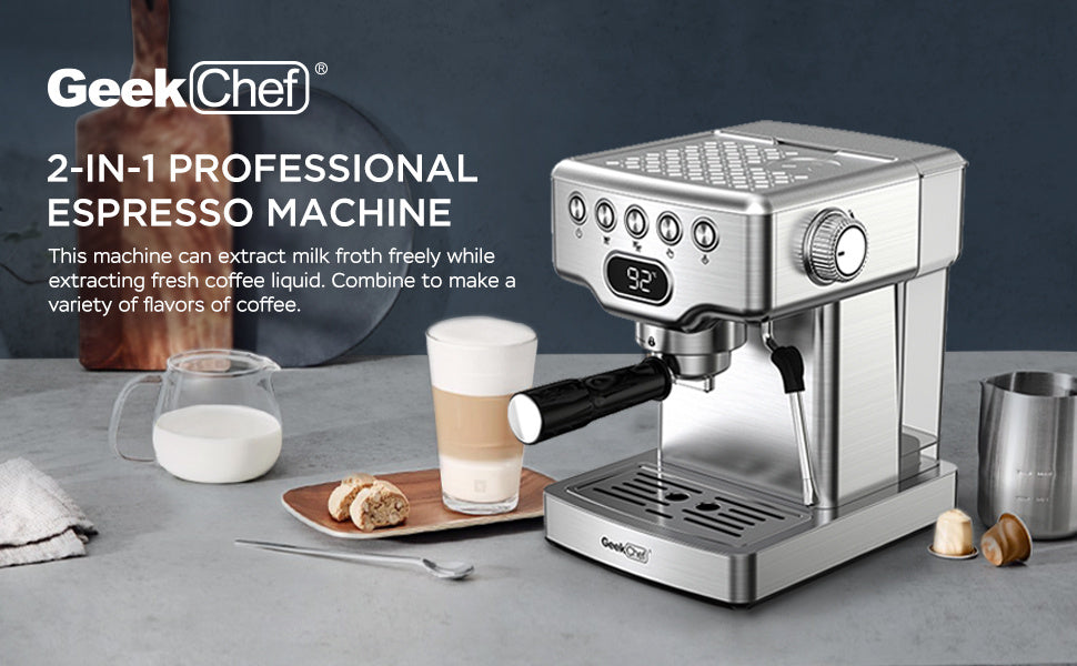 Geek Chef 20-Bar Espresso Machine with Milk Frother – 1.8 L Water Tank, Stainless Steel, Home Cappuccino & Latte Maker
