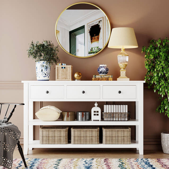 Retro Design Console Table with Two Open Shelves, Pine Solid Wood Frame and Legs for Living Room (Antique White) — view 5