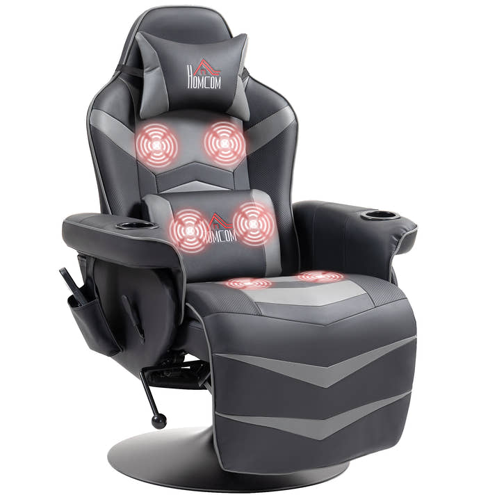 Massage Gaming Chair,Swivel Racing Video Gaming Recliner With Retractable Footrest,Headrest,Cup Holders And Side Pockets,Ergonomic High Back PU Leather Executive Desk Chair,Grey