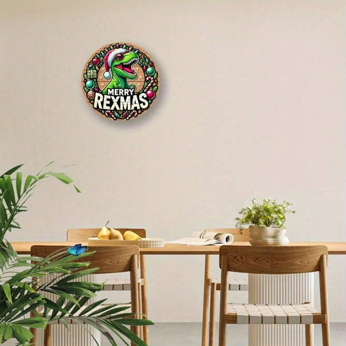 Christmas Dinosaur Round Metal Tin Sign, Retro Farmhouse Holiday Wall Art — view 4
