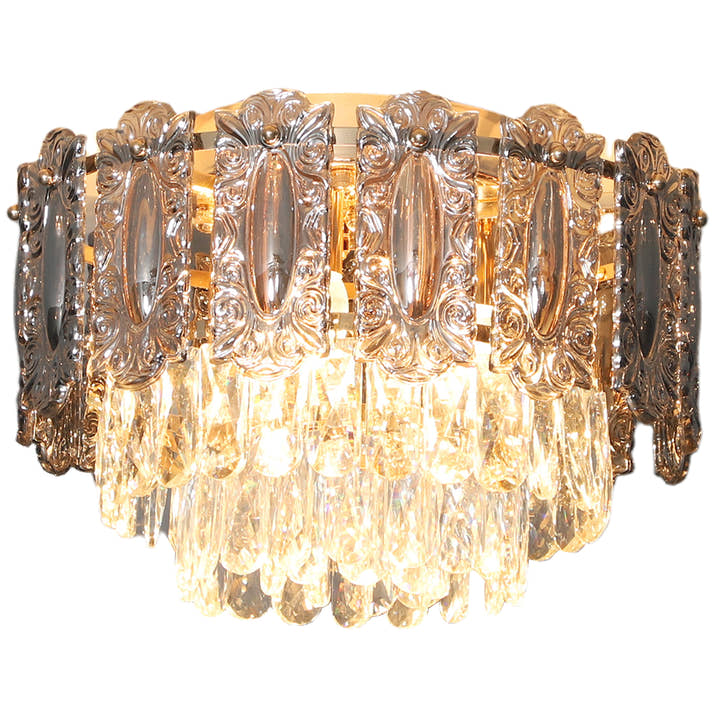 Chandelier Ceiling Light,3-Light Vintage Flush Mount Fixture With Dual Crystal And Smoke Glass Shade,LED Ceiling Light For Living Room Bedroom,3 E27 Sockets,Bulbs Not Included,Gold Tone