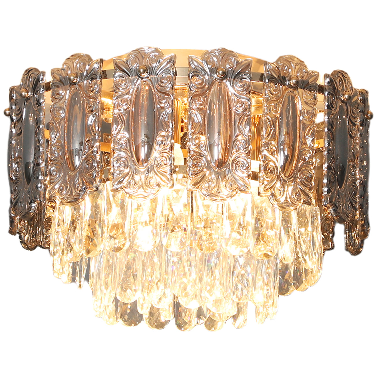 Chandelier Ceiling Light,3-Light Vintage Flush Mount Fixture With Dual Crystal And Smoke Glass Shade,LED Ceiling Light For Living Room Bedroom,3 E27 Sockets,Bulbs Not Included,Gold Tone