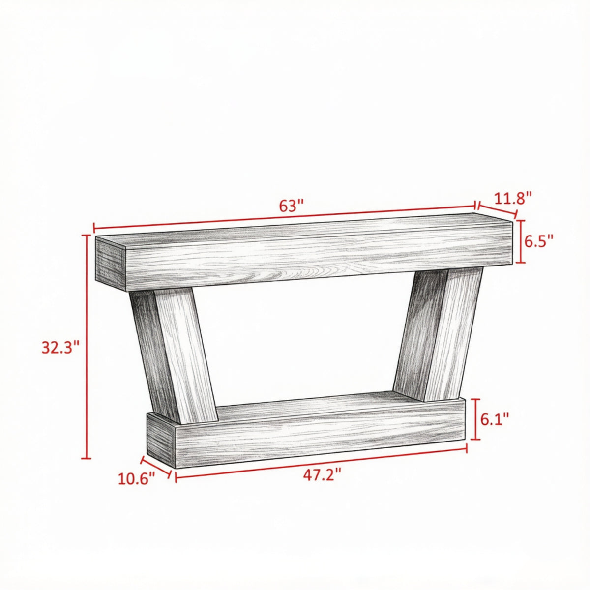 63" Vintage Entryway Console Table – Narrow Design, Open Shelf, for Living Room Space — view 3