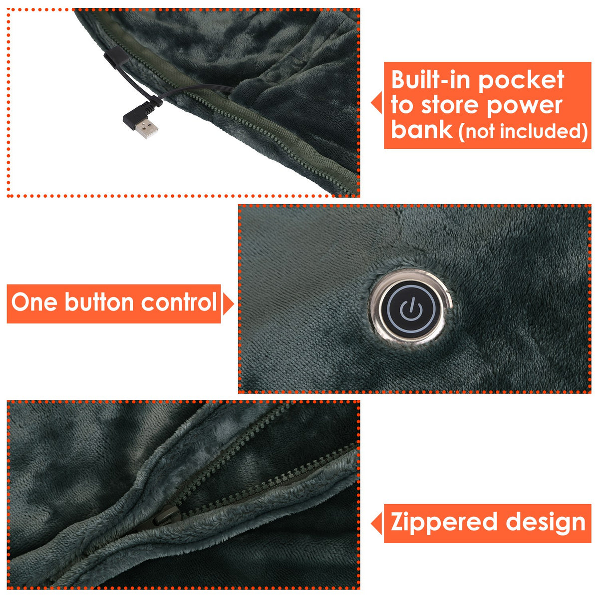 USB Heated Blanket Electric Heated Blanket Heated Poncho Shawl Wrap Throw with Zipper Washable for Home Office 59*31in — view 2