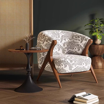 Barrel Back Lounge Chair — Patterned Fabric Accent Chair with Wood Frame