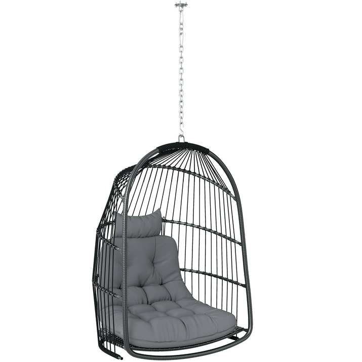 Hanging Egg Chair,Foldable Rattan Garden Swing Chair With Installation Kit,Thickened Cushion And Headrest,Indoor Outdoor Hanging Egg Basket Seat For Patio,Porch,Dark Grey
