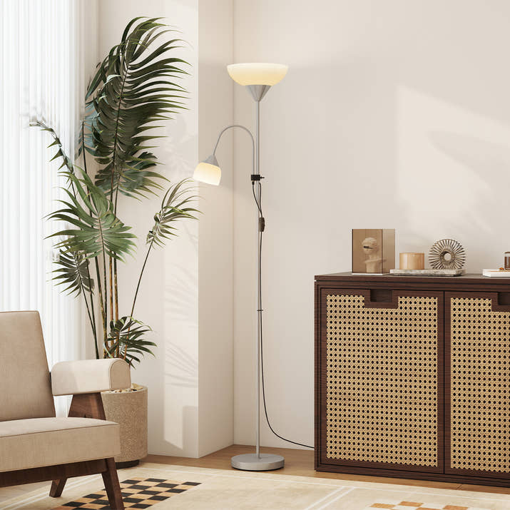 LED Floor Lamp, Suitable For Living Rooms, 180cm High, Mother And Child Shaped Upward Facing Spotlight, With Adjustable Gooseneck Arm, Color Temperature 3000K-4500K-6500K, Silver