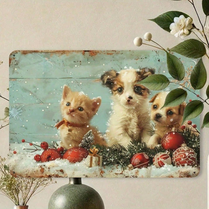 Vintage Christmas Puppy & Kitten Tin Sign, Rustic Iron Wall Art, 12x8 Inch — view 3