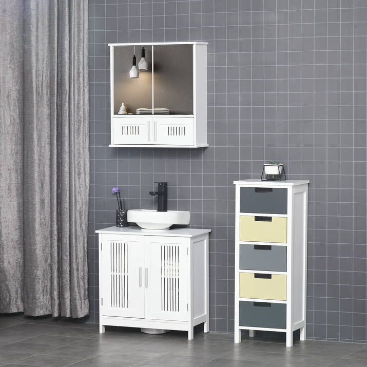 Kleankin Bathroom Mirror Cabinet,Wall Mounted Storage Cupboard With Double Doors And Adjustable Shelf,Bathroom Organizer,White — view 4