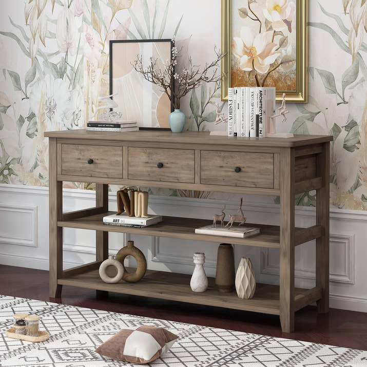 Console Table with Wood Frame and Legs, Sofa Table Entryway Table with 3 Drawers and 2 Open Shelves Wash Gray — view 6