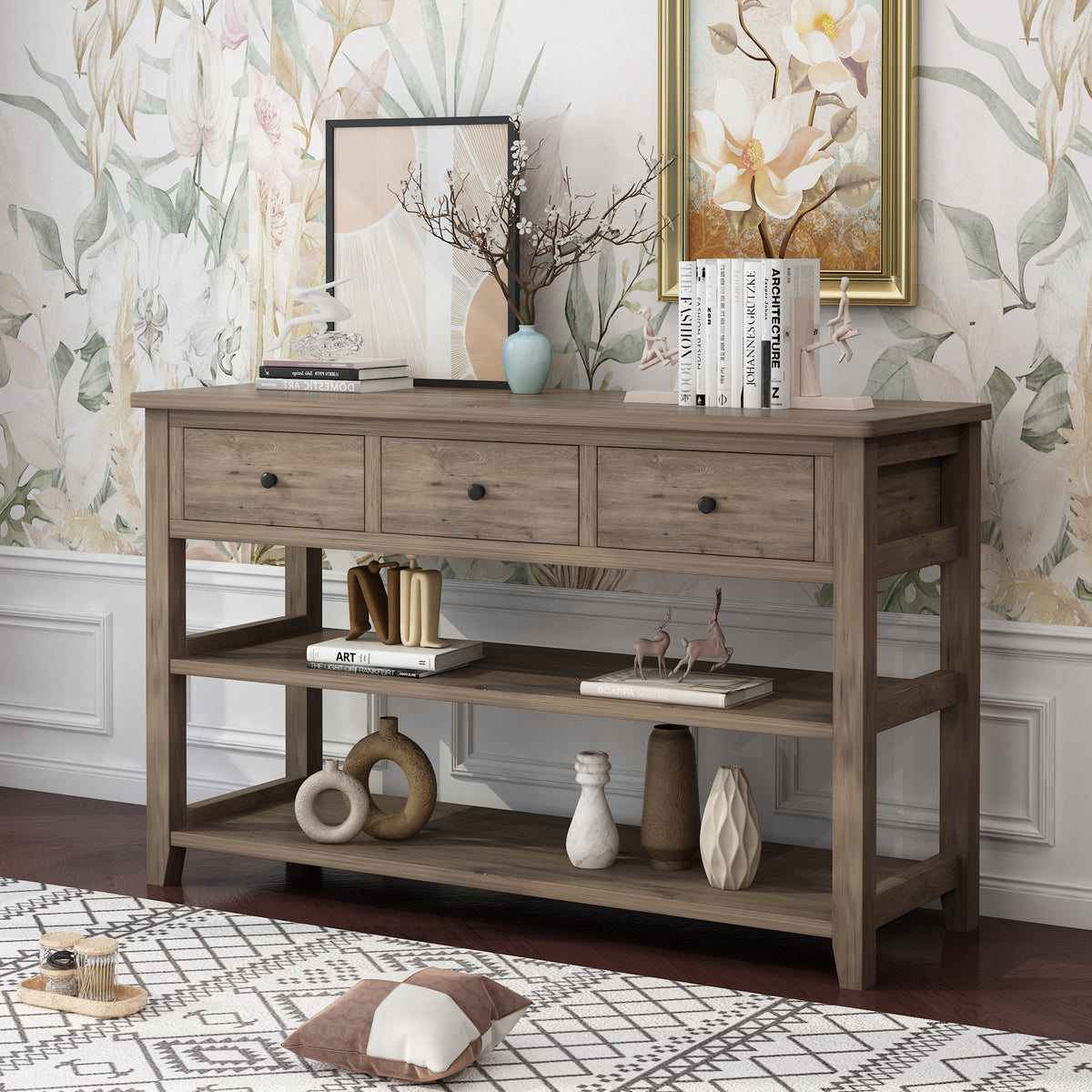 Console Table with Wood Frame and Legs, Sofa Table Entryway Table with 3 Drawers and 2 Open Shelves Wash Gray — view 6