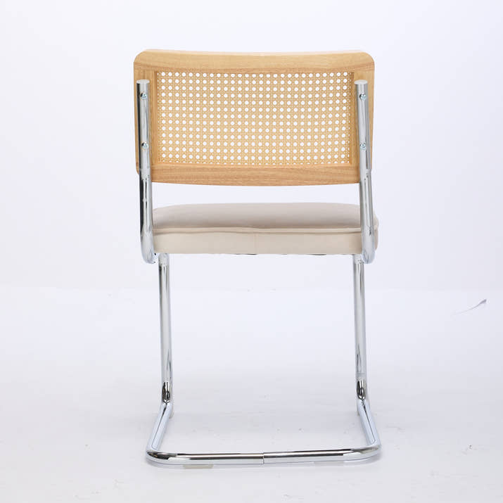 Mid Century Modern Dining Chairs Set of 2, Velvet Accent Chairs with Natural Cane Back & Stainless Chrome Base, Famous Breuer Designed Chairs, Upholstered Rattan Kitchen Chairs,Beige — view 5