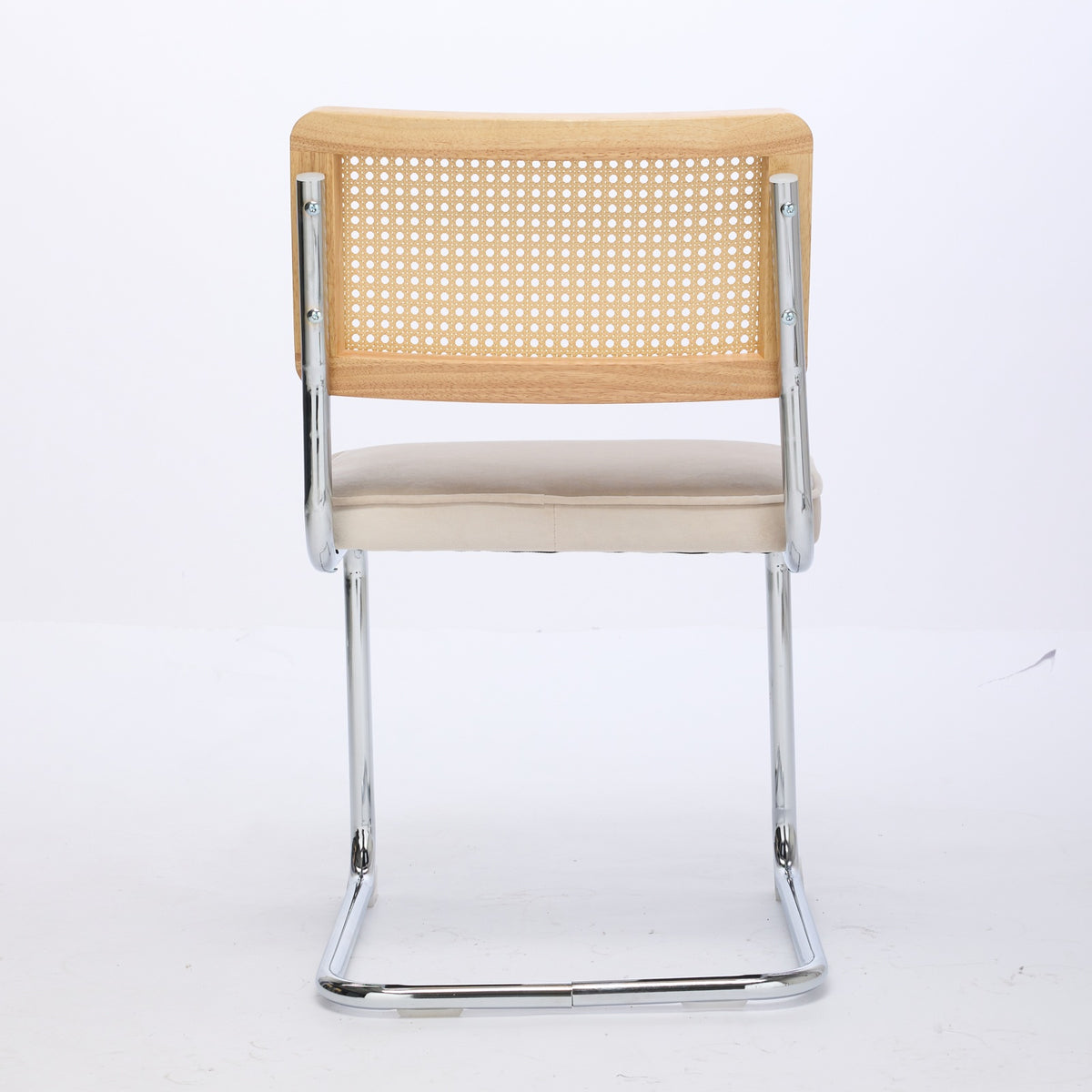 Mid Century Modern Dining Chairs Set of 2, Velvet Accent Chairs with Natural Cane Back & Stainless Chrome Base, Famous Breuer Designed Chairs, Upholstered Rattan Kitchen Chairs,Beige — view 5
