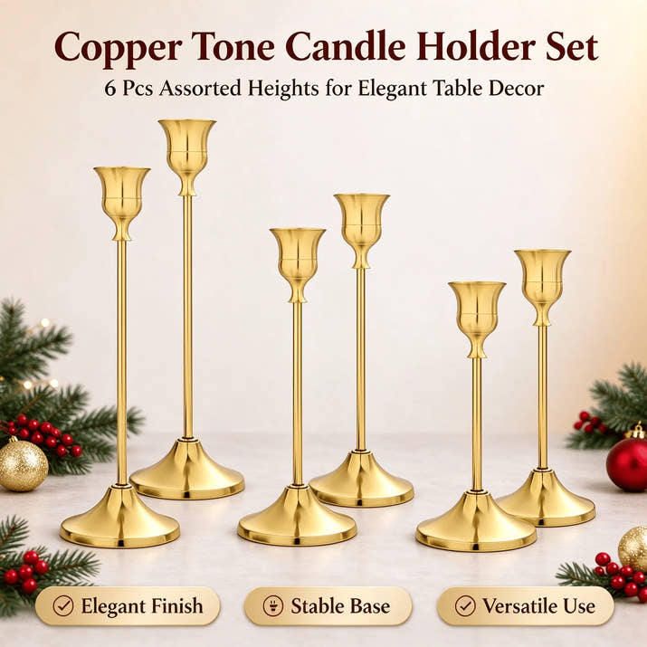 Copper Finish Christmas Candle Holders Set of 6, Mixed Height 16-22cm Metal Cup Candlesticks, Layered Tabletop Centerpiece for Holiday Dinner Decor — view 6