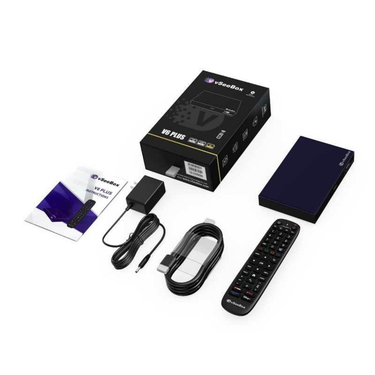 vSeeBox V6 Plus smart media box — what's in the box
